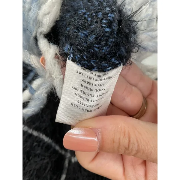 Arette Womens Cardigan Fuzzy Grid Plaid Fringe Zip Up Black Blue Large - Image 6