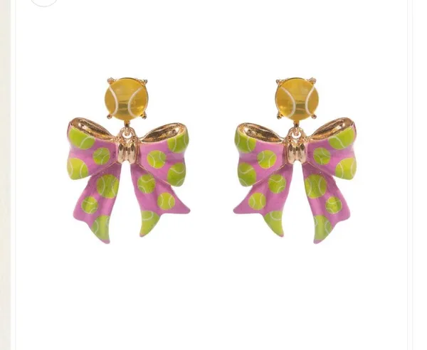 Tennis Ball Pink Bow Drop Dangle Earrings - Image 2