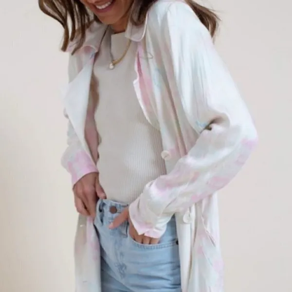 NEW‎ Something Navy Pastel Tie Dye Satin Long Trench Coat S - Image 2