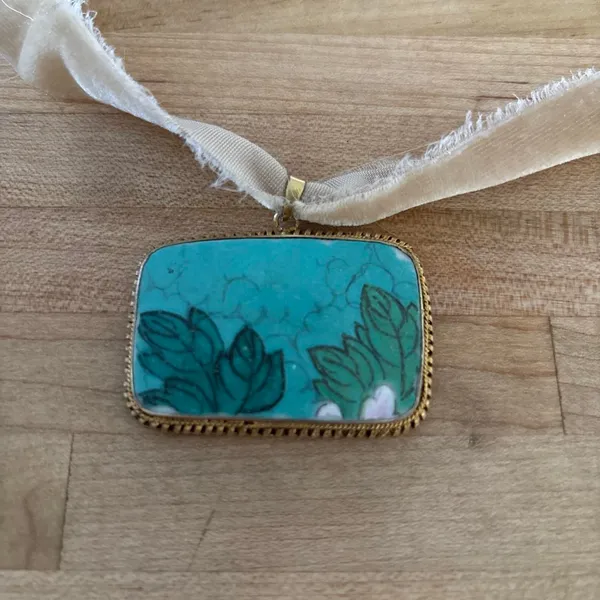 Blue Ceramic Cameo Pendant with Floral Design on Choker Ribbon Handmade Dainty - Image 3