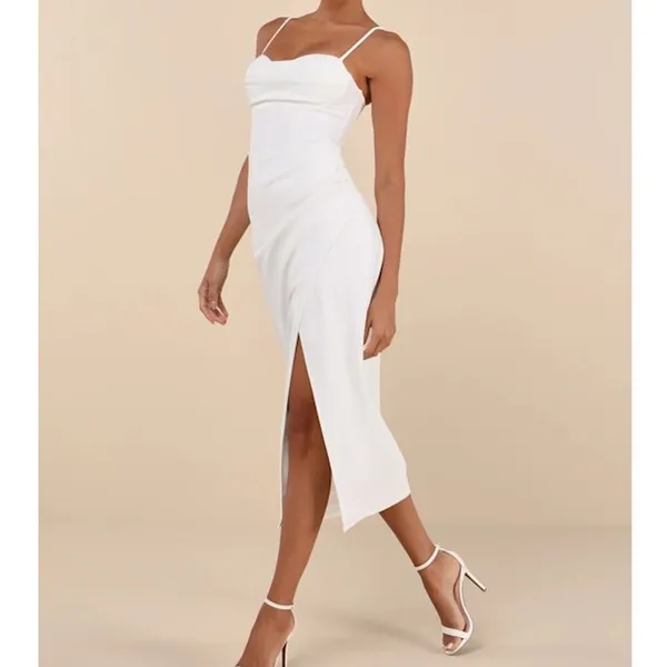Lulus NWOT White Always Turning Heads Bustier Tulip Sweetheart Midi Dress Large - Image 2