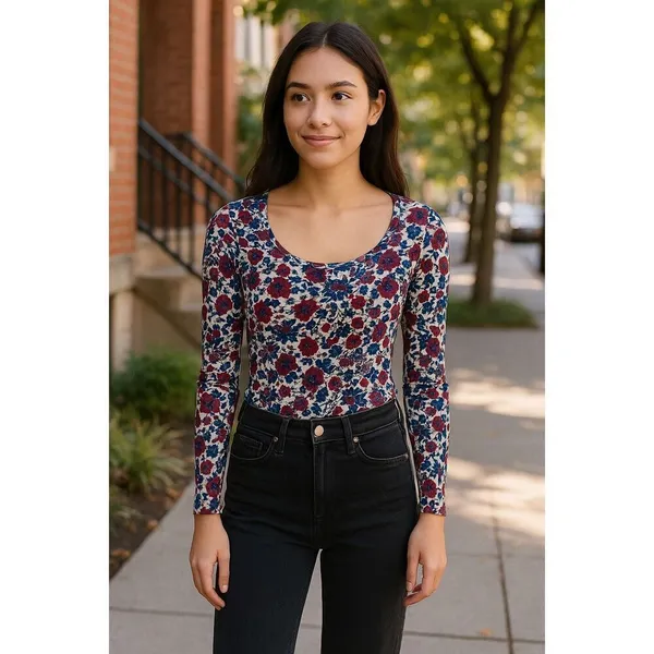 Tezenis Women’s Small Floral Long Sleeve Top Red Blue White Stretch Scoop Neck - Image 2