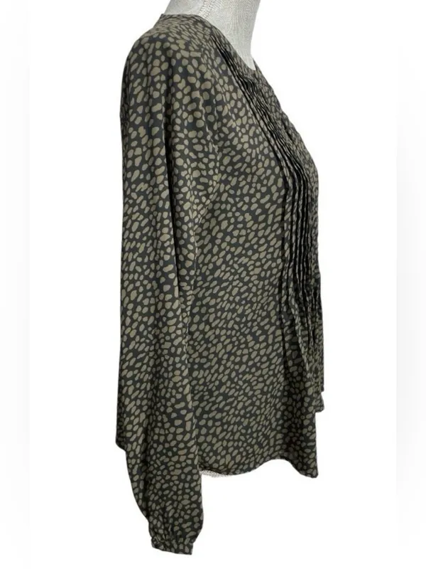 Ann Taylor Green & Black Printed Long Sleeve Blouse Size S Pleated Front - Image 3