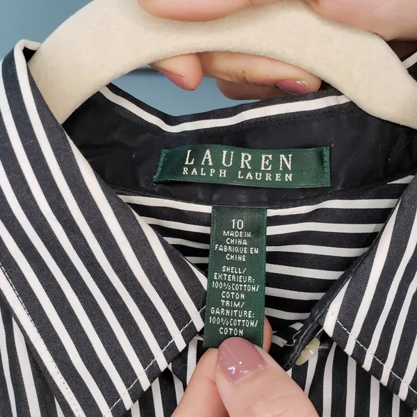 Lauren Ralph Lauren Shirt Womens 10 Black White Stripe Peplum Button Down Top - Image 3