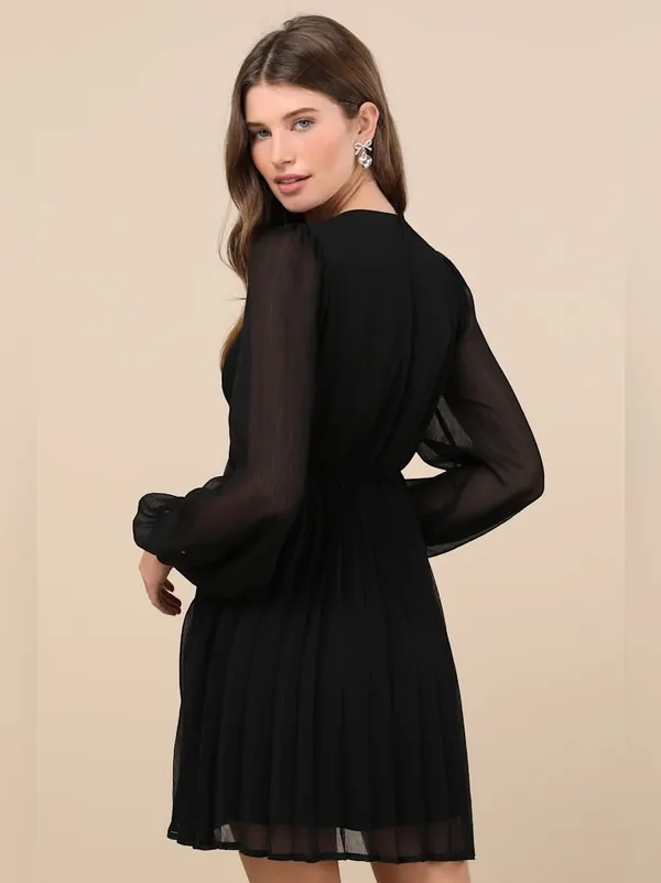 Lulus Stylish Shine Black Rhinestone Bow Long Sleeve Mini Dress Size small - Image 2