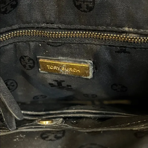 Tory Burch Croc Embossed Black Leather Mini Backpack Purse Gold Logo Casual Luxe - Image 14
