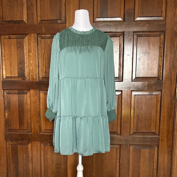 THML NWT Teal Smocked Tiered Mini Dress Long Sleeve‎ Boho Seafoam Size Small - Image 3