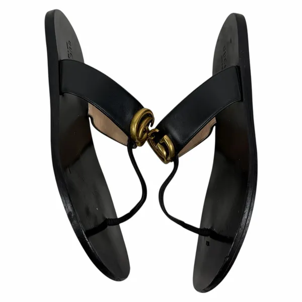 Gucci Black Leather Thong Sandal Gold Double G Logo Size 36.5 - Image 8