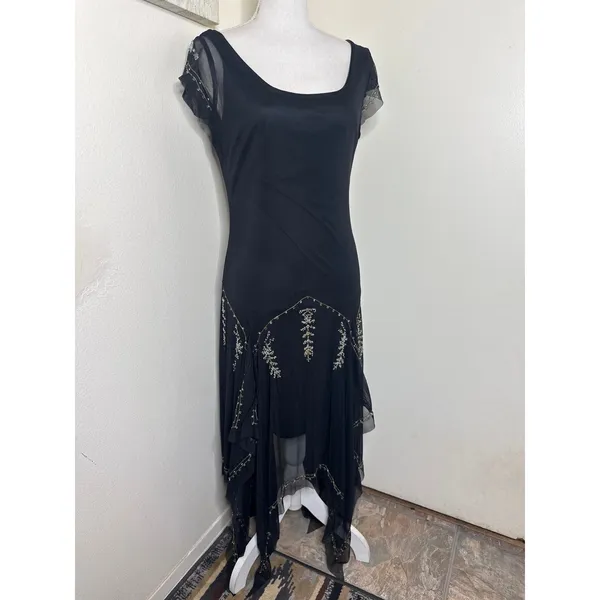 Vintage Y2K Fairy Goth Black Chiffon Beaded Midi Dress - Size 10 R&M Richards - Image 2