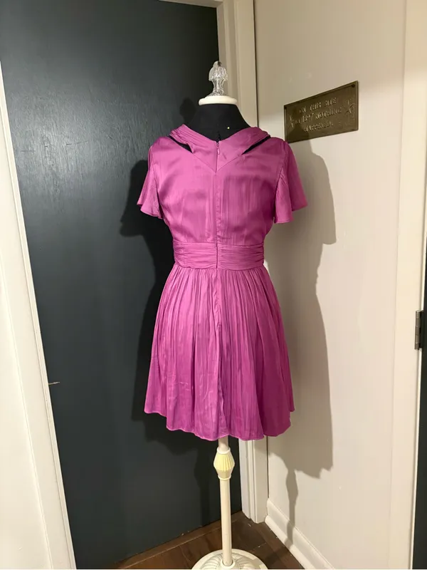 Anthropologie Magenta Pleated V-Neck Mini Dress with Draping in Silky Fabric 💜 - Image 3