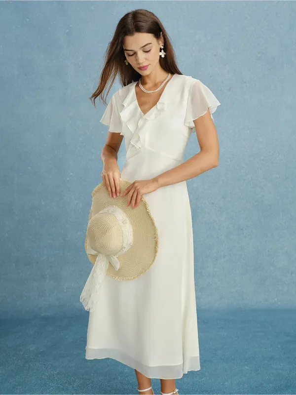 Rihoas Apricot V Neck Ruffle Chiffon Midi Dress - Image 5