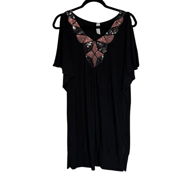 C Graffitti Sequin Cold‎ Shoulder Black Tunic Dress XL V Neck Dolman Sleeve - Image 7