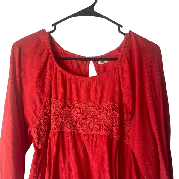 Hollister Y2k Women's Size Small Red Boho Floral Long Sleeve Babydoll‎ Top - Image 2