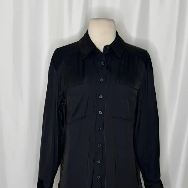ANTHROPOLOGIE Black Satin Button Down Shirt Blouse Top Pockets Solid Small - Image 3