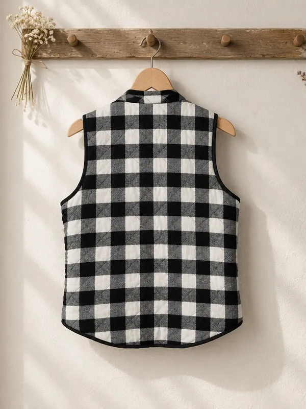 Black & White Buffalo Plaid Quilted Vest - Classic Layering - Image 4
