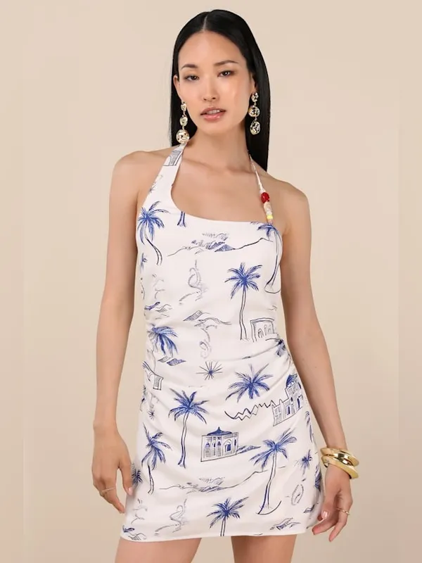 Lulus Inina Ivory & Blue Print Asymm Halter Printed Mini Dress Vacation Resort Beach - Image 2
