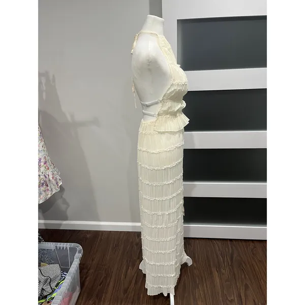 Cream Pleated boho Halter top Maxi skirt ruffle Tiered Open Back Resort‎ S - Image 6