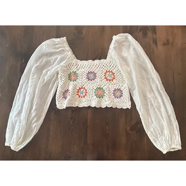 Aerie Crochet Granny Square Top Small White Long Sleeve Flowy Vacay Shirt Boho - Image 4