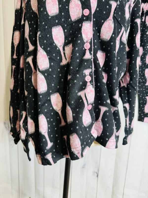 Charter Club Intimates Pajama Set Sz L Black Pink Wine Glasses Fleece Pockets - Image 3