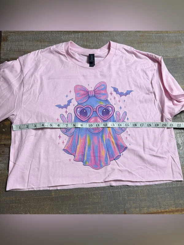 Gildan Light Pink Crop Long-Sleeve Tee with Rainbow Ghost Graphic - Image 6