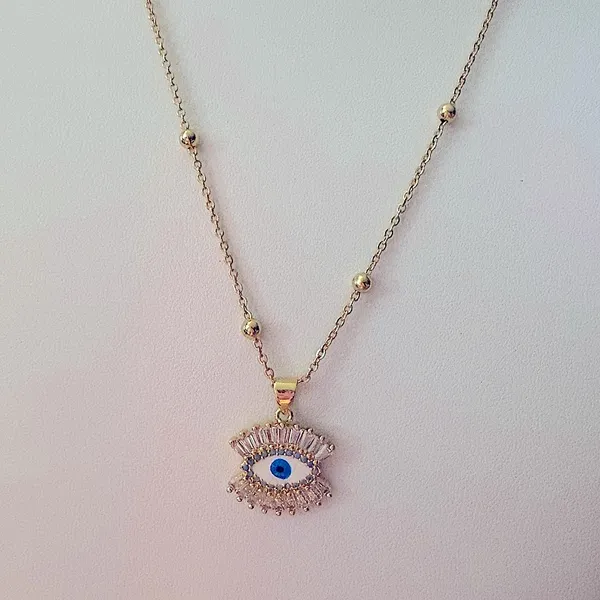 NEW‎ Handmade Evil Eye Yellow Gold Filled Simulated Diamond Necklace, 18-20” - Image 5