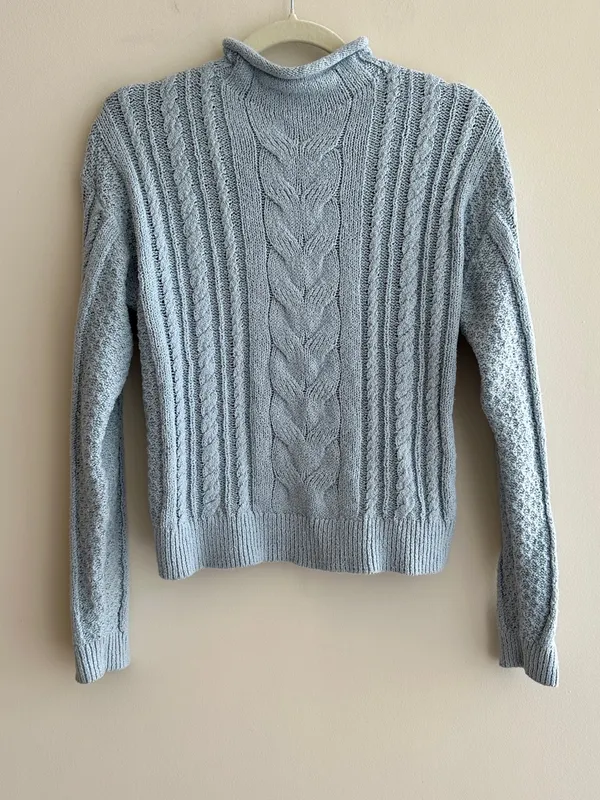 J. Crew Women’s Rollneck Cable Sweater, Light Blue, Size Small, 90s Sweater - Image 2