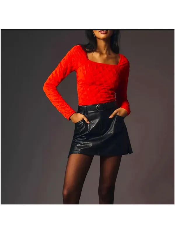 ANTHROPOLOGIE Maeve‎ Popcorn Long Sleeve Square Neck Red Tee Large - Image 2
