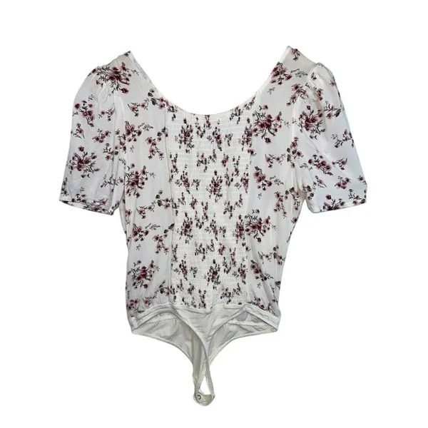 Abercrombie & Fitch White Pink Green Floral Smocked Bodysuit Top Womens Size S - Image 2