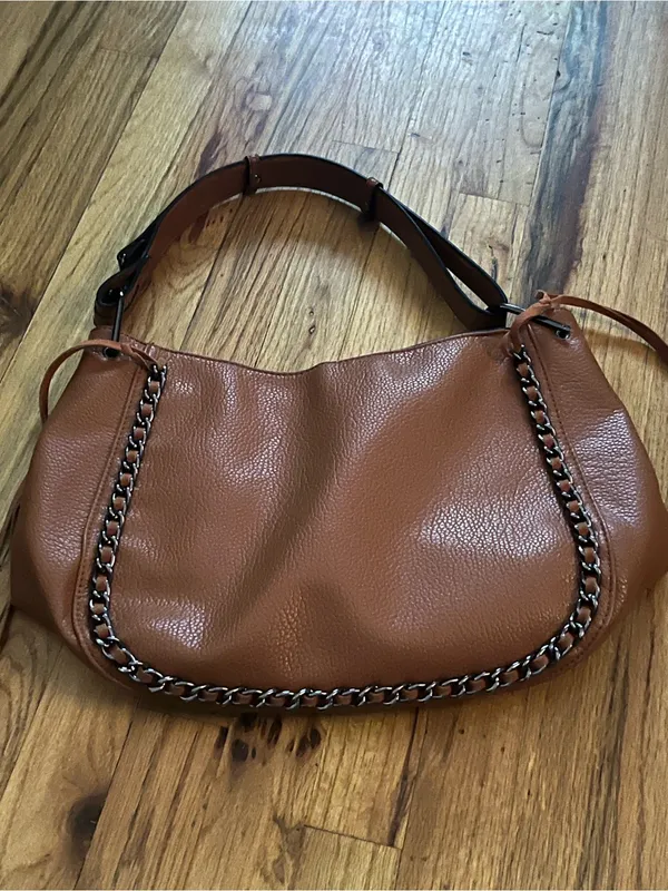 Mellow World Vegan Leather Shoulder Bag Brown Chain Trim PETA Approved - Image 2