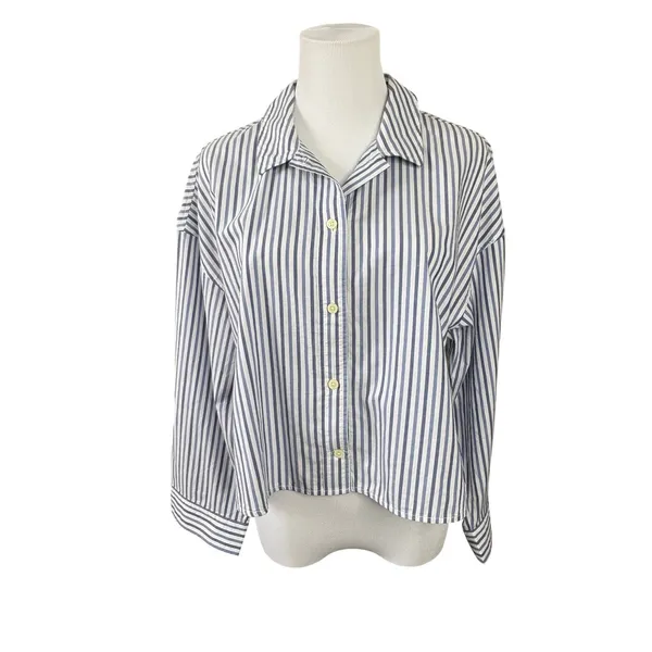 Everlane The Woven PJ Top Cropped Pajama Shirt‎ SMALL Blue Striped Cotton Boxy - Image 2