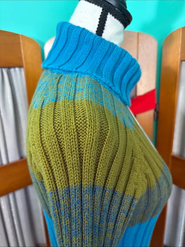 Cozy Striped Cowl Neck Sweater in Teal and Olive - Image 6