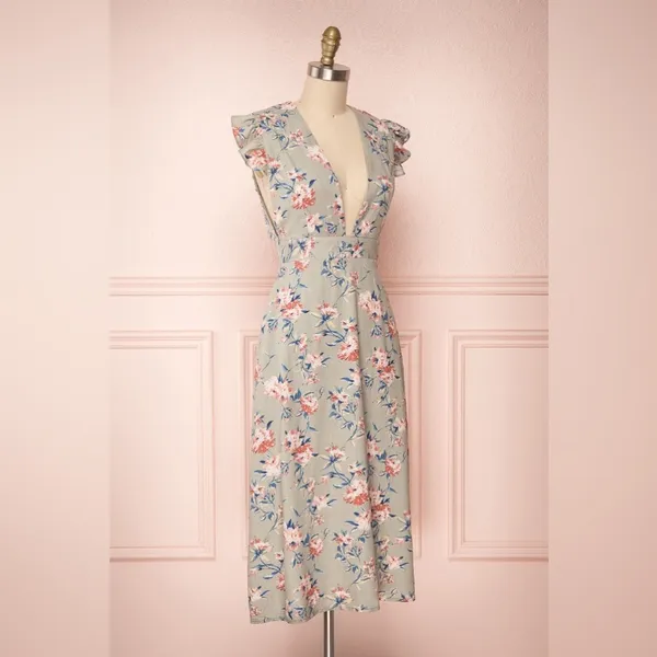 NWT Storia Linen Blend Floral Midi Dress Sage Green Pink V-Neck Size Medium - Image 4