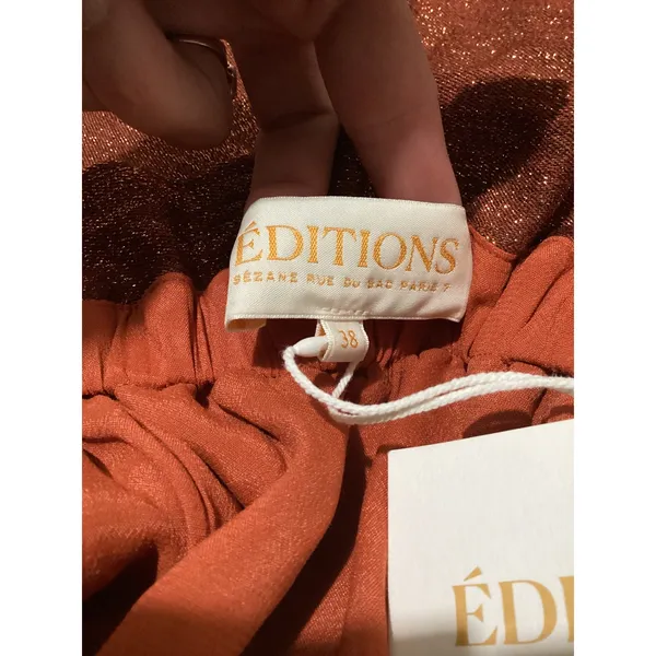 Sézane Editions Metallic Copper Off Shoulder Puff Sleeve Dress Rust Orange EU 38 - Image 7