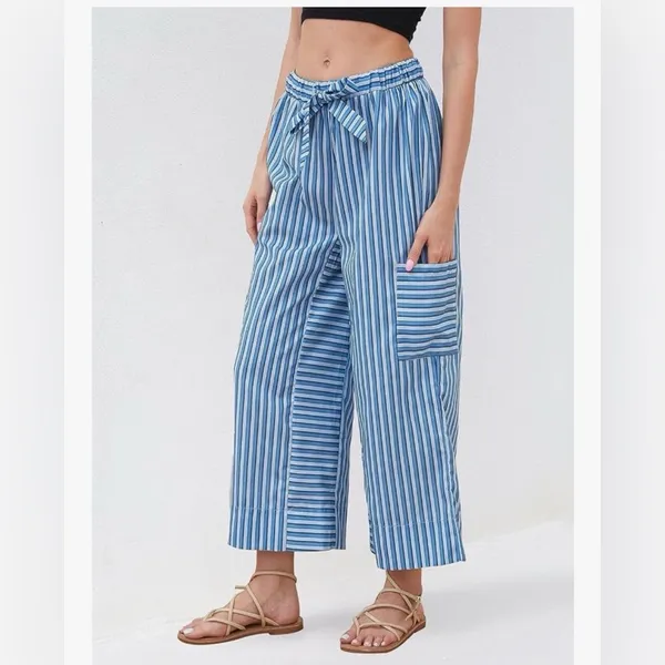 NEW Blue Striped Wide Leg Pants Loose Fit Palazzo Pants L - Image 6