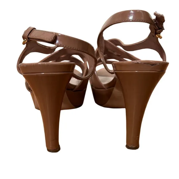 Miu Miu Tan Patent Leather Strappy Platform Slingback Heels Sandals size 39.5‎ - Image 5