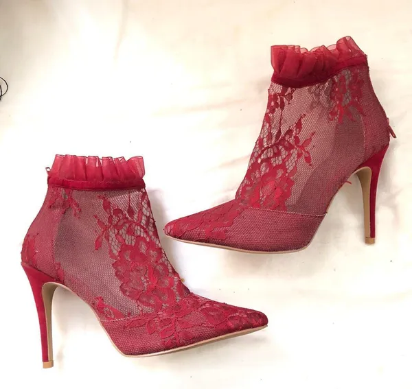 Red mesh high heel ankle 4” stiletto heels boots booties lace detail and ruffle trim - US Women 7.5 Very comfortable & sturdy to walk #whimsygoth #grunge #romantic #coquette - Image 3