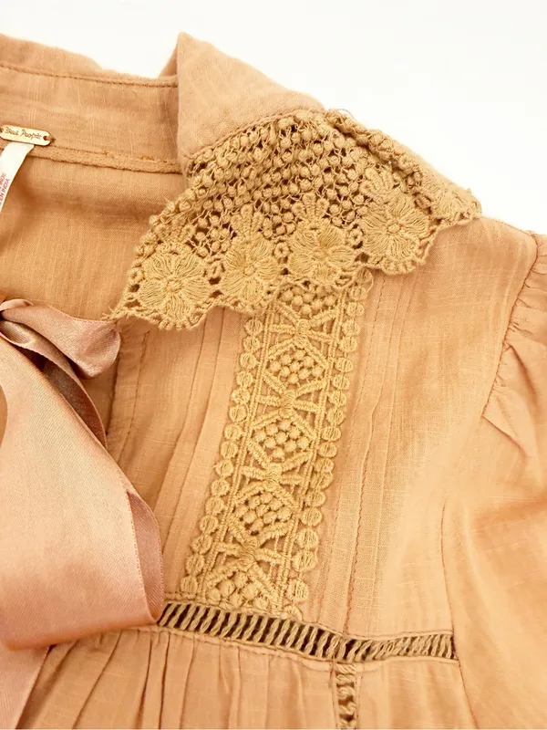 Free People 5 O’Clock Tea Time Mini Dress Peached Copper Cotton Crochet Lace - Image 9
