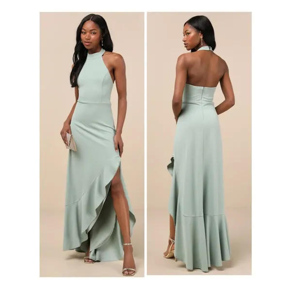 Lulus Majestic Perfection Sage Green Ruffled Halter Maxi Dress Size Medium Gala - Image 2