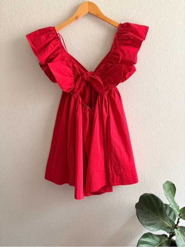 NWT Day + Moon Women's Red Mini Dress with Ruffle Sleeves and Tie Back Size S - Image 2