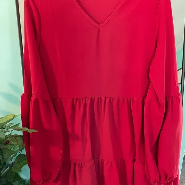 Red‎ Womens Solid Long Bell Sleeve V-Neck Tiered Babydoll Mini Dress Size Small - Image 4
