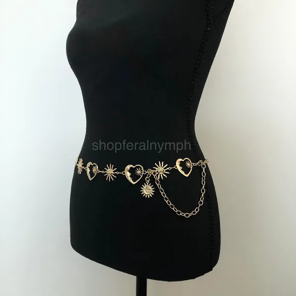 Celestial Gold Sun Heart Crescent Moon Chain Belt, Fits 20–39.5 Inches, X7GA1158 - Image 3