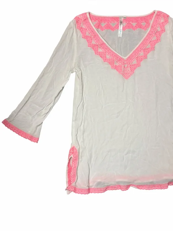Andree Blue Boho Gauze Swim Cover Up Neon Pink Lace Crochet Trim Tunic S - Image 4