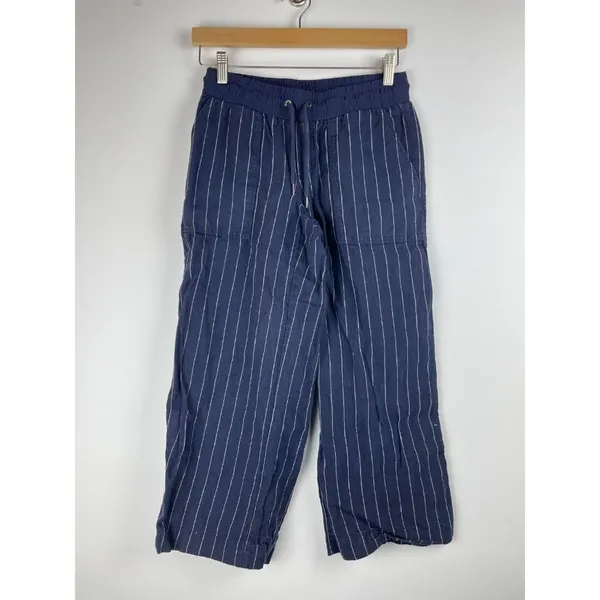 Athleta Linen Pants Womens 2 Bali Wide Leg Cropped Blue Stripe Beachy Pockets - Image 3