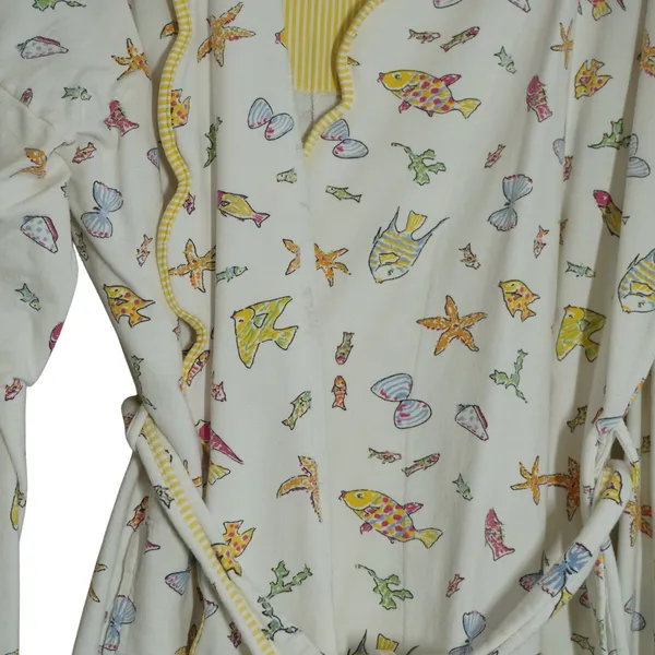 Vintage Prima Donna Cotton Robe Small Fish Starfish Print Yellow Trim Beach 90s - Image 4