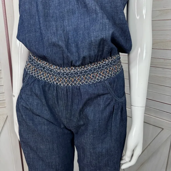 Poetry‎ Boho Smocked Strapless Wide Leg Chambray Jumpsuit Denim Blue Small - Image 6