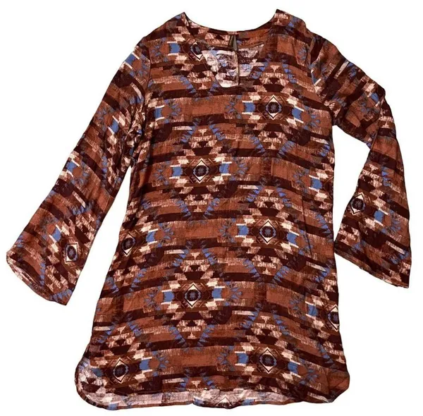 Stetson L Bell Sleeve Dress Aztec Navajo Western Rayon Brown Southwestern Ranch - Image 2
