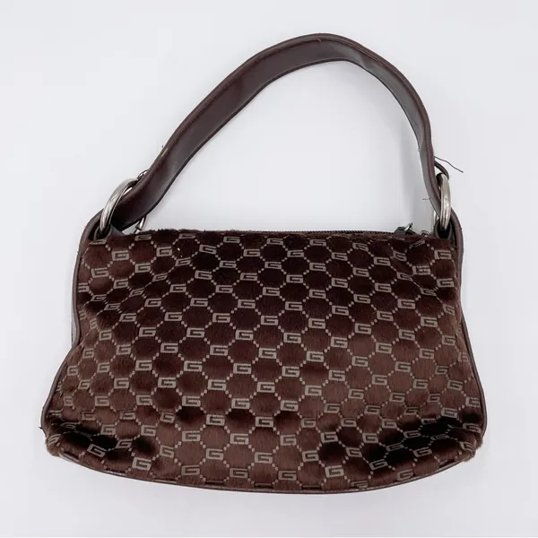 Vintage 90s Y2K Faux Fur Mini Bag Purse Chocolate Brown Printed Heart Charm Zip - Image 4