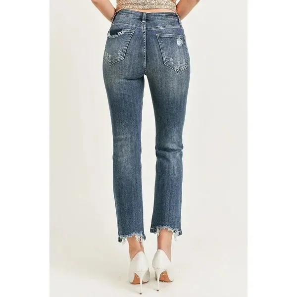 Risen Jeans Dark Wash Distressed Wide Leg Raw Hem 9/29 #776 - Image 3