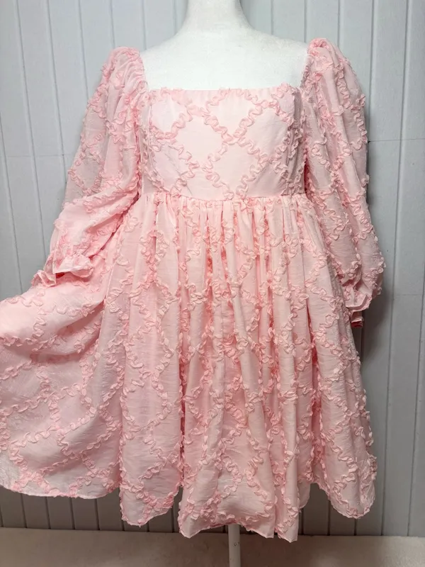 Mable Ribbon Textured Puff Sleeve Babydoll Mini Dress In Baby Pink‎ Size M - Image 16