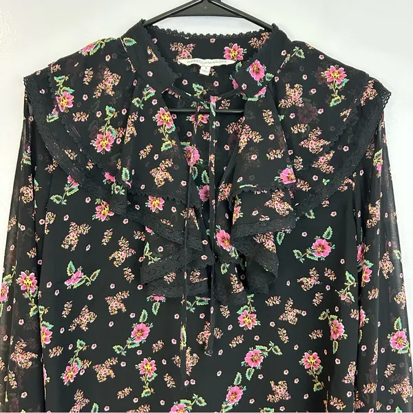 Rebecca Minkoff Devy Black/Pink Floral Ruffle Bell Sleeve Blouse Size Small - Image 5